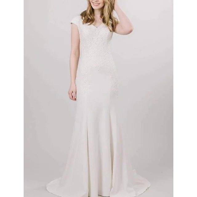 Mermaid / Trumpet Wedding Dresses V Neck Court Train Lace Stretch Fabric Cap Sleeve Romantic with Appliques - RongMoon