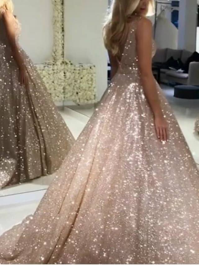 Ball Gown Luxurious Sparkle Quinceanera Prom Dress V Neck Sleeveless Sweep / Brush Train Sequined with Pleats Sequin - RongMoon