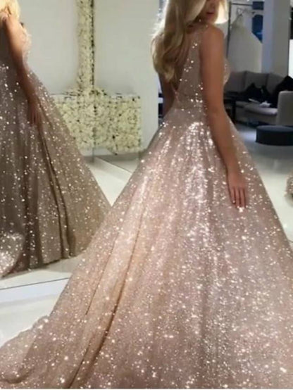 Ball Gown Luxurious Sparkle Quinceanera Prom Dress V Neck Sleeveless Sweep / Brush Train Sequined with Pleats Sequin - RongMoon