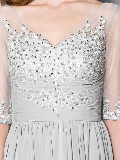 A-Line Mother of the Bride Dress V Neck Floor Length Chiffon Tulle Half Sleeve with Ruched Beading Sequin
