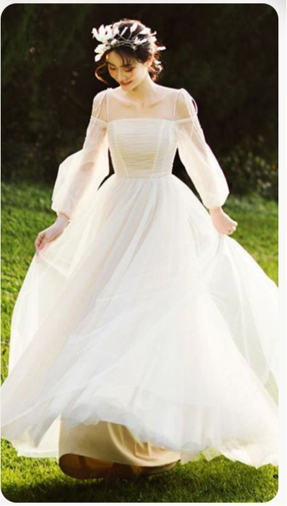 Champagne tulle long prom dress, champagne tulle evening dress  C1608