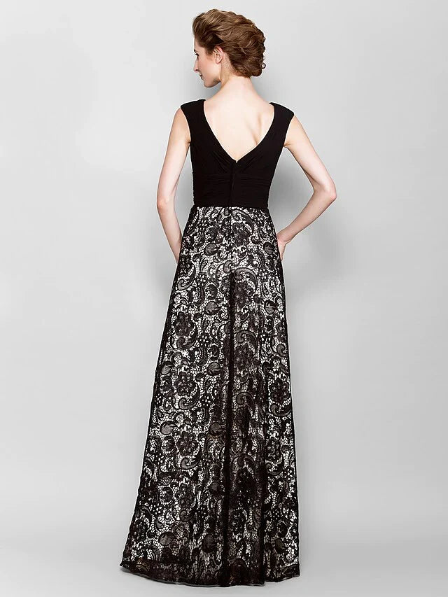 Mother of the Bride Dress Vintage Inspired V Neck Floor Length Lace Georgette Sleeveless with Criss Cross