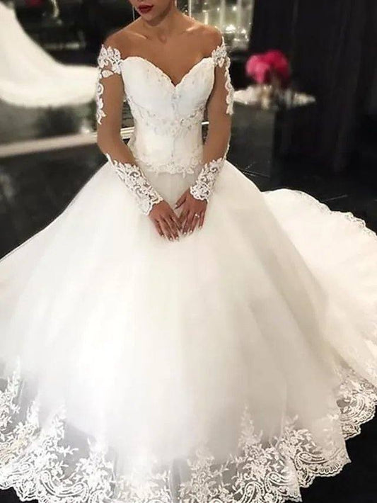 Princess Ball Gown Wedding Dresses Off Shoulder Court Train Lace Tulle Long Sleeve Formal Romantic Luxurious with Pleats Appliques - RongMoon