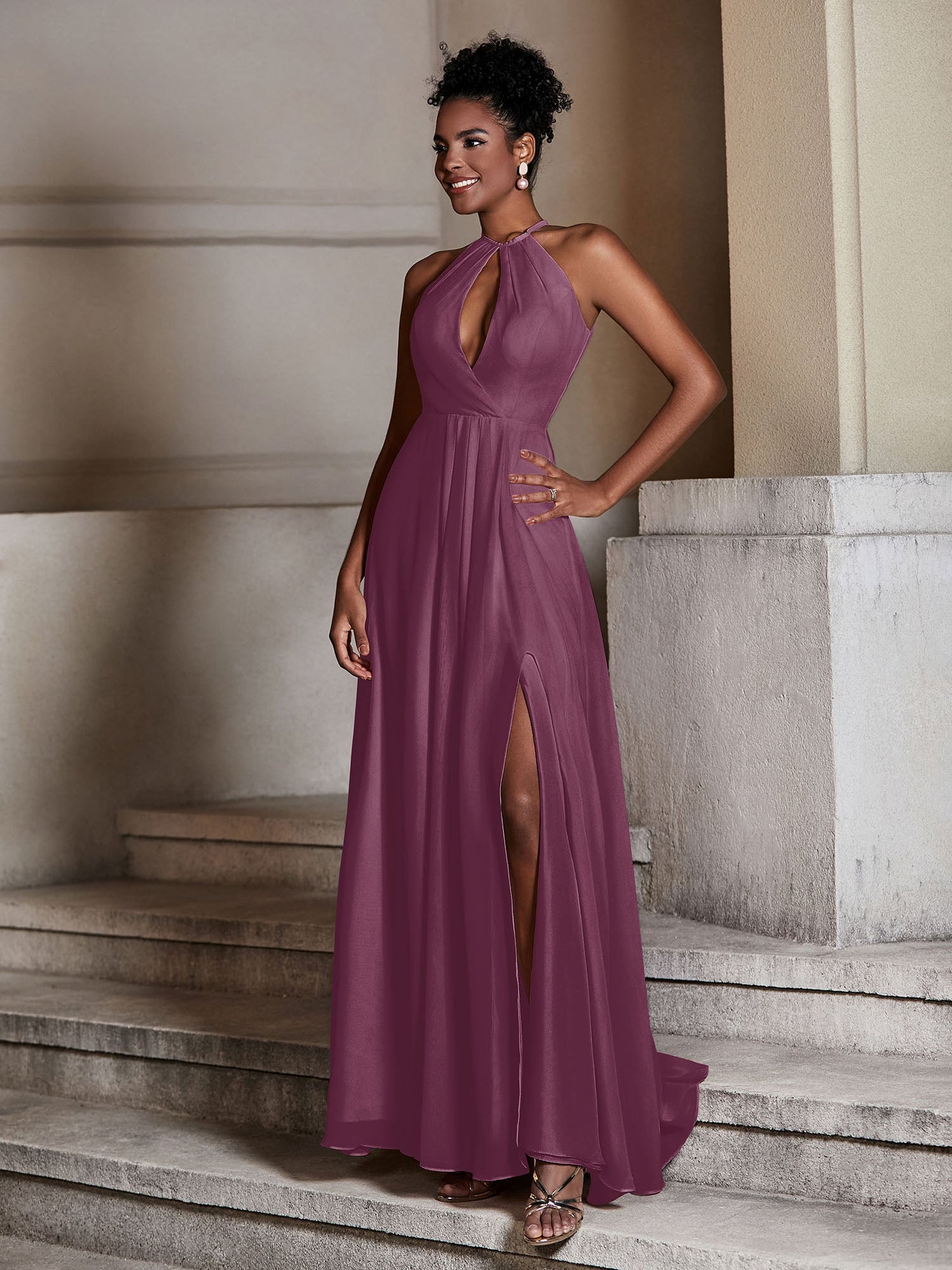 Chiffon Long Halter Dresses with Slit-Mulberry