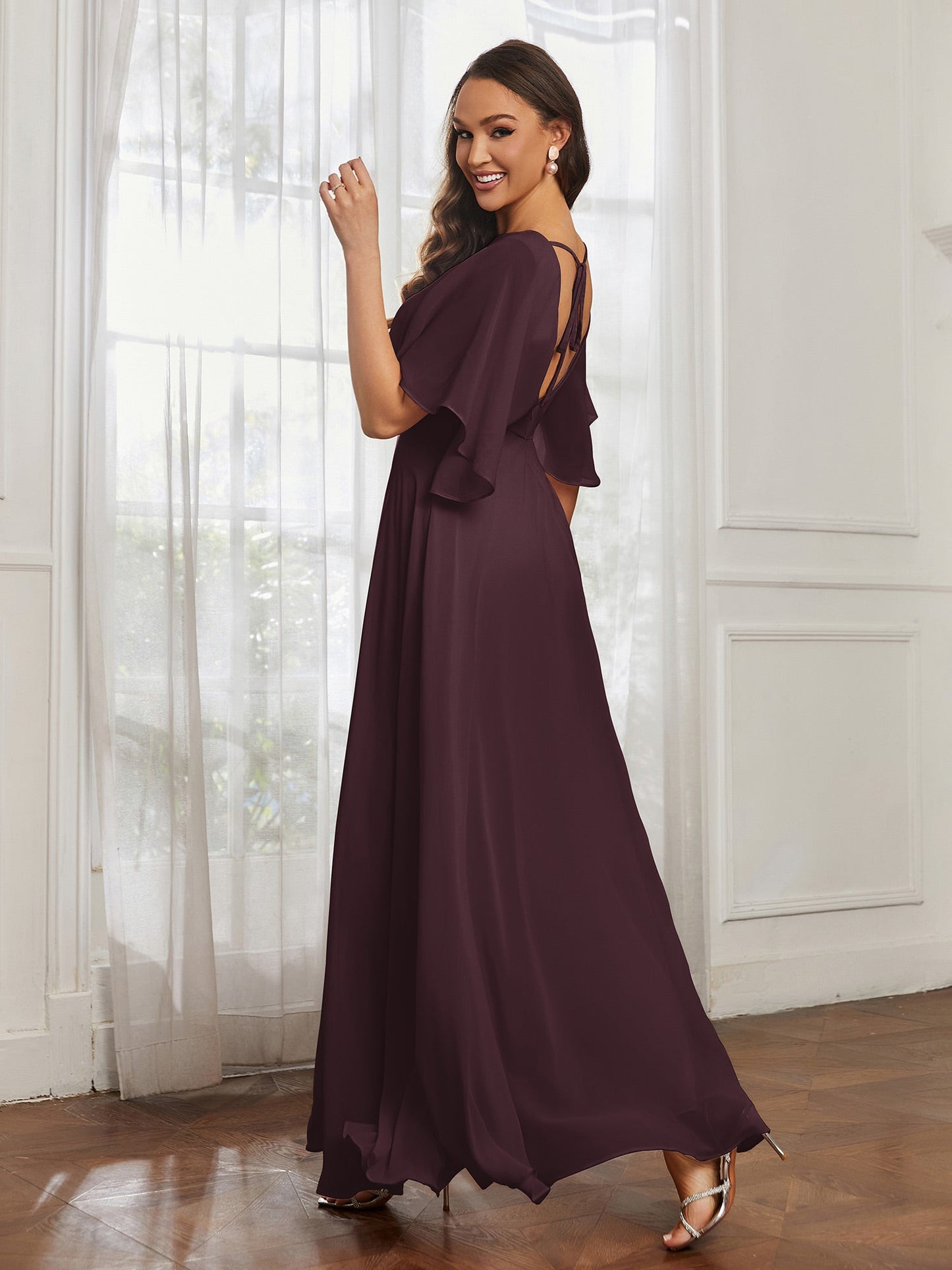 Flutter Sleeves Long Chiffon Bridesmaid Dresses-Cabernet