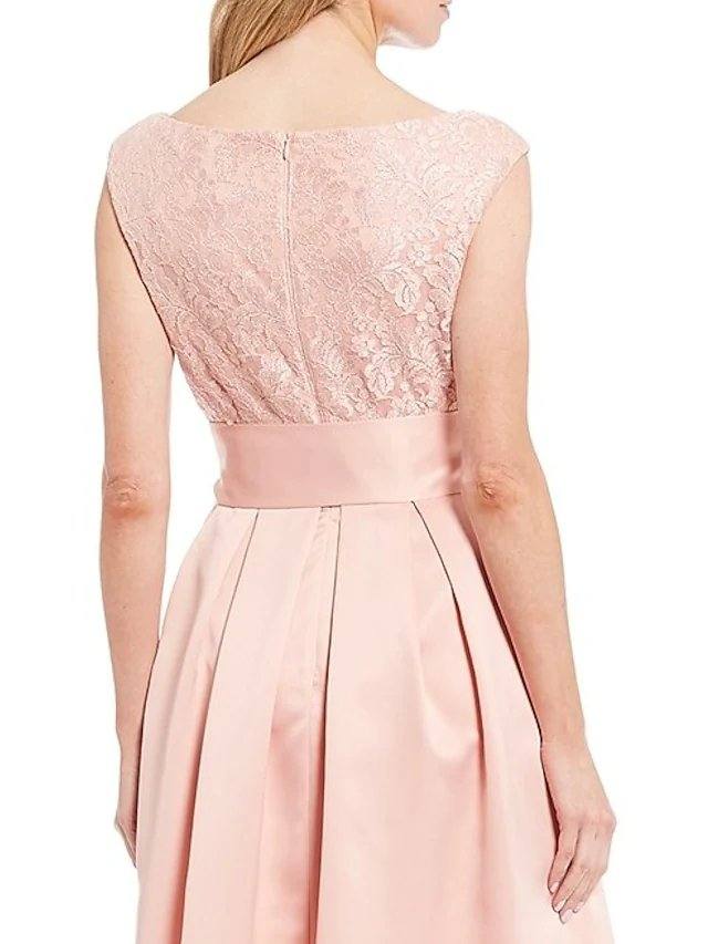 A-Line Mother of the Bride Dress Elegant V Neck Asymmetrical Lace Satin Sleeveless with Sash / Ribbon - RongMoon