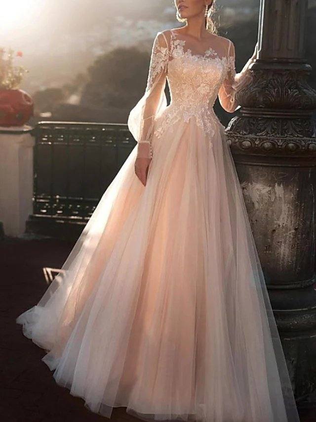 A-Line Wedding Dresses Jewel Neck Sweep / Brush Train Lace Tulle Long Sleeve Sexy Wedding Dress in Color See-Through with Embroidery Appliques - RongMoon