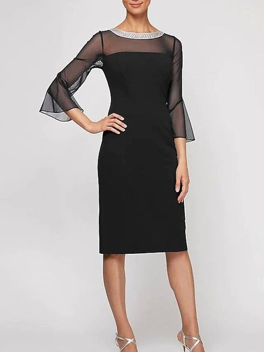Sheath / Column Mother of the Bride Dress Elegant Sexy Jewel Neck Knee Length Chiffon Tulle 3/4 Length Sleeve with Beading - RongMoon