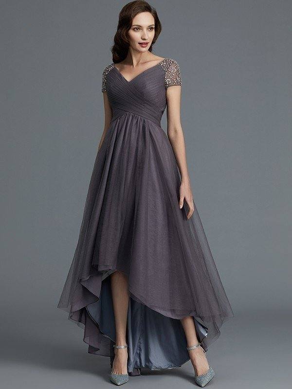 A-Line/Princess V-neck Short Sleeves Asymmetrical Tulle Mother of the Bride Dresses - RongMoon