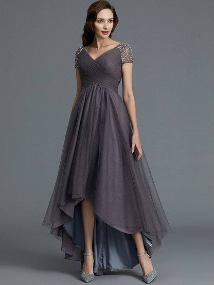 A-Line/Princess V-neck Short Sleeves Asymmetrical Tulle Mother of the Bride Dresses - RongMoon