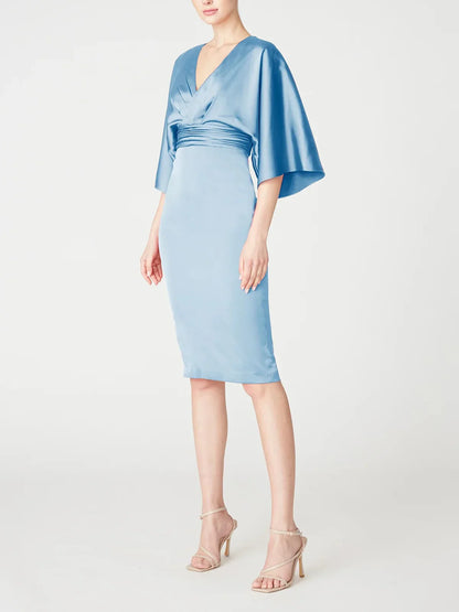 Slim fit/column V-neck mid sleeve knee length ruffled edge mother of the bride dresses