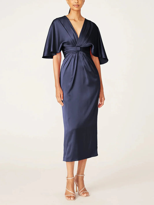 Slim fit/column V-neck half sleeved tea long ruffled edge mother of the bride dresses