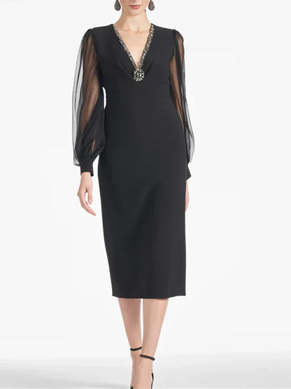 Slim fit/cylindrical V-neck tea length mother of the bride dresses