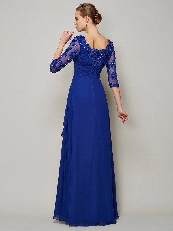 A-Line/Princess Scoop 3/4 Sleeves Lace Long Chiffon Mother of the Bride Dresses - RongMoon