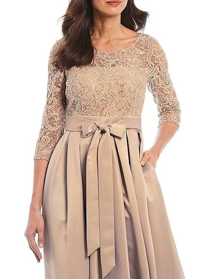 A-Line Mother of the Bride Dress Elegant Jewel Neck Asymmetrical Lace Satin 3/4 Length Sleeve with Bow(s) Pleats - RongMoon
