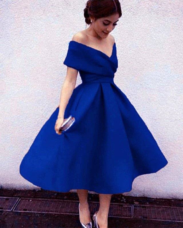 Vintage 1950s Style V-neck Off The Shoulder Tea Length Ball Gowns Party Dresses - RongMoon