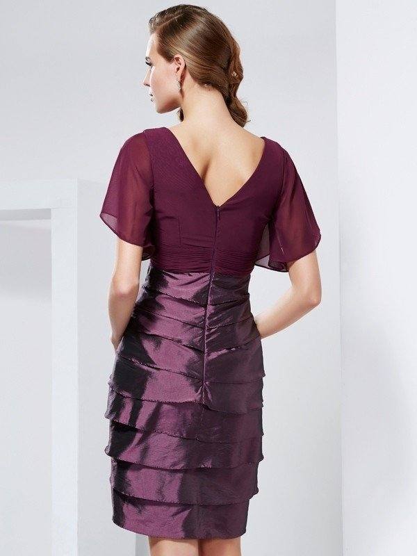 A-Line/Princess V-neck Short Sleeves Ruffles Short Taffeta Mother of the Bride Dresses - RongMoon