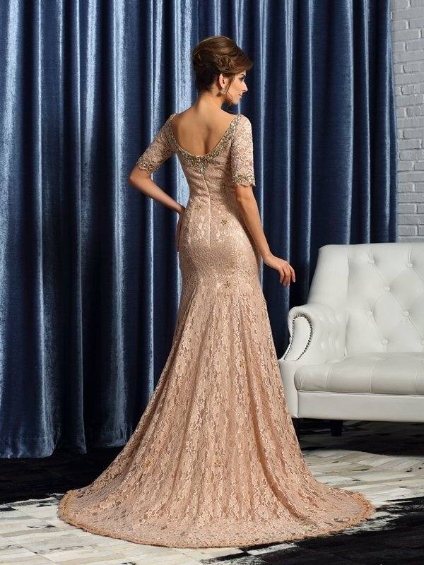 Trumpet/Mermaid V-neck Lace 1/2 Sleeves Long Elastic Woven Satin Mother of the Bride Dresses - RongMoon
