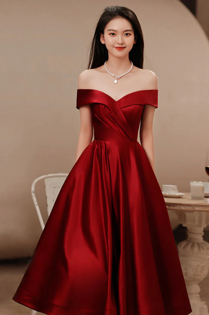 Wine Red Satin Tea Length Bridesmaid Dress Party Dress, Burgundy Satin Homecoming Dress c2978