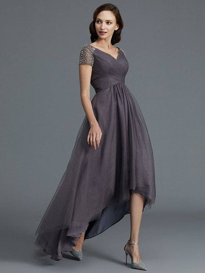 A-Line/Princess V-neck Short Sleeves Asymmetrical Tulle Mother of the Bride Dresses - RongMoon