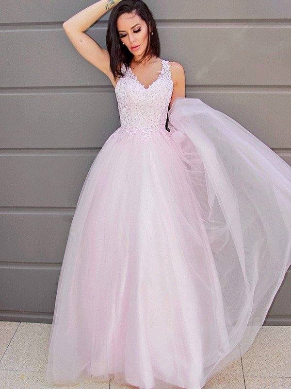 A-Line/Princess V-neck Sleeveless Applique Tulle Floor-Length Dresses - RongMoon
