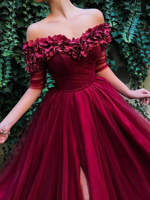 A-Line/Princess 1/2 Sleeves Off-the-Shoulder Sweep/Brush Train Ruffles Tulle Dresses - RongMoon