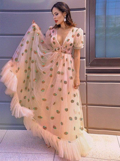 A-Line/Princess Tulle Ruffles V-neck Short Sleeves Floor-Length Dresses - RongMoon