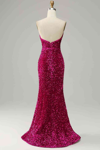 Fuchsia Strapless Sequins Long Prom Dress with Slit cc1004