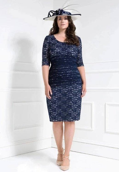 Navy Blue Mother Of The Bride Dresses Sheath Knee Length Lace With Jacket Plus Size Short Groom Mother Dresses For Wedding - RongMoon