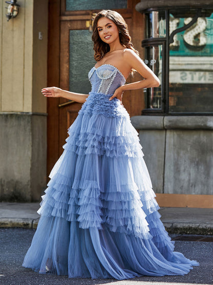 Strapless Corset Bodice Tulle Ball Gown Dusty Blue