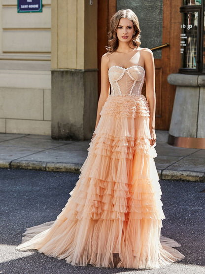 Strapless Corset Bodice Tulle Ball Gown Peach