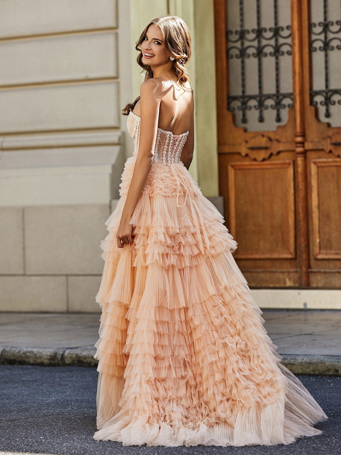 Strapless Corset Bodice Tulle Ball Gown Peach