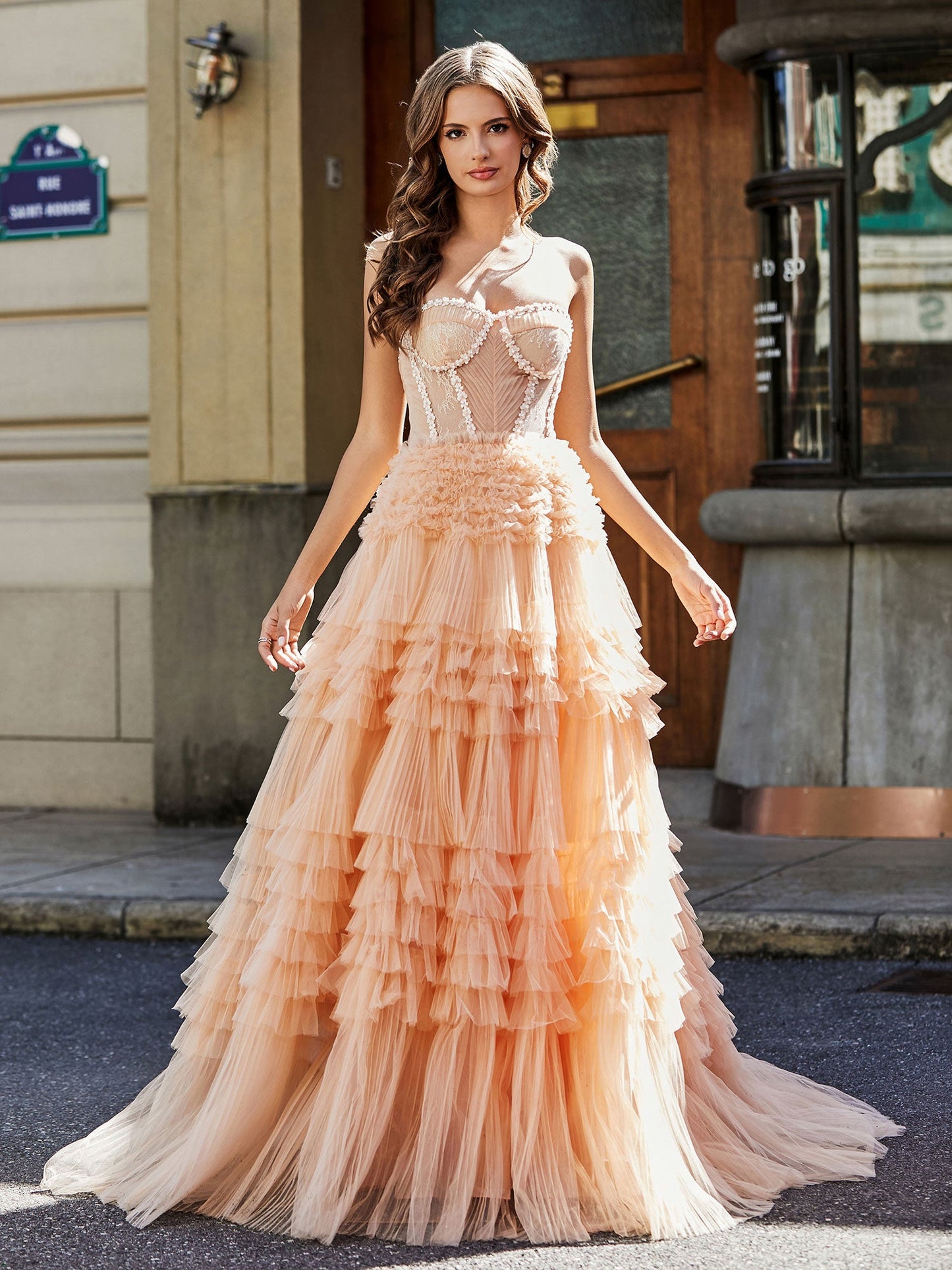 Strapless Corset Bodice Tulle Ball Gown Peach