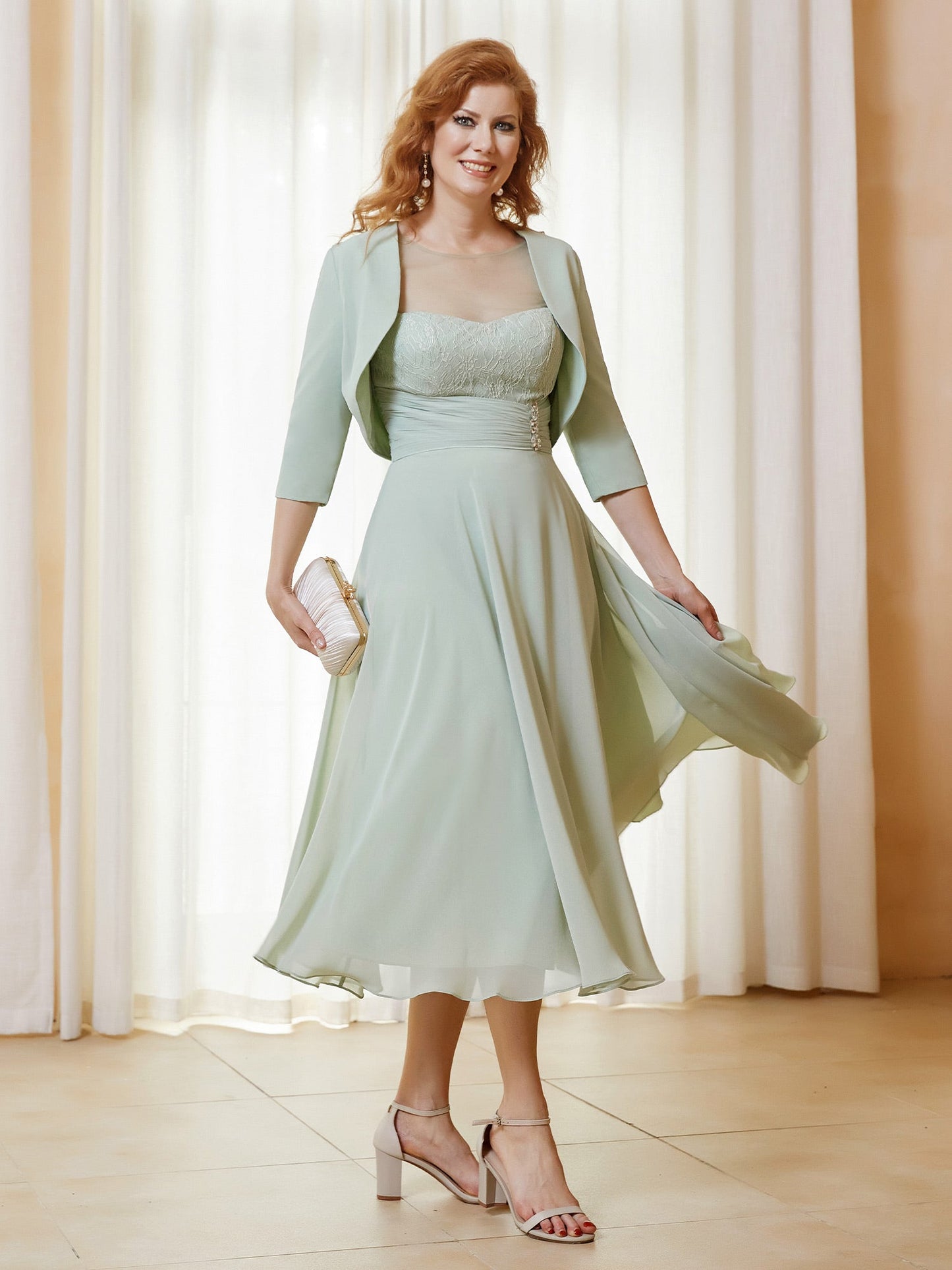 Illusion Neckline Short Sleeves Dress  with Jacket Dusty Sage