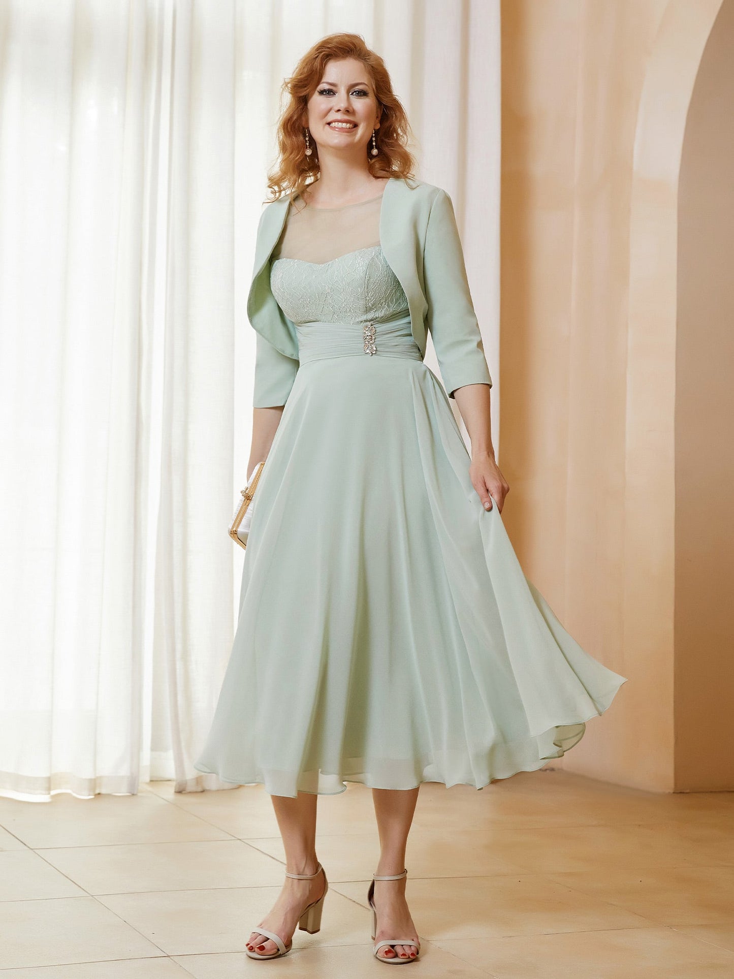 Illusion Neckline Short Sleeves Dress  with Jacket Dusty Sage