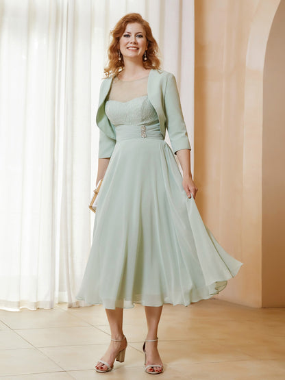 Illusion Neckline Short Sleeves Dress  with Jacket Dusty Sage