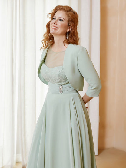 Illusion Neckline Short Sleeves Dress  with Jacket Dusty Sage