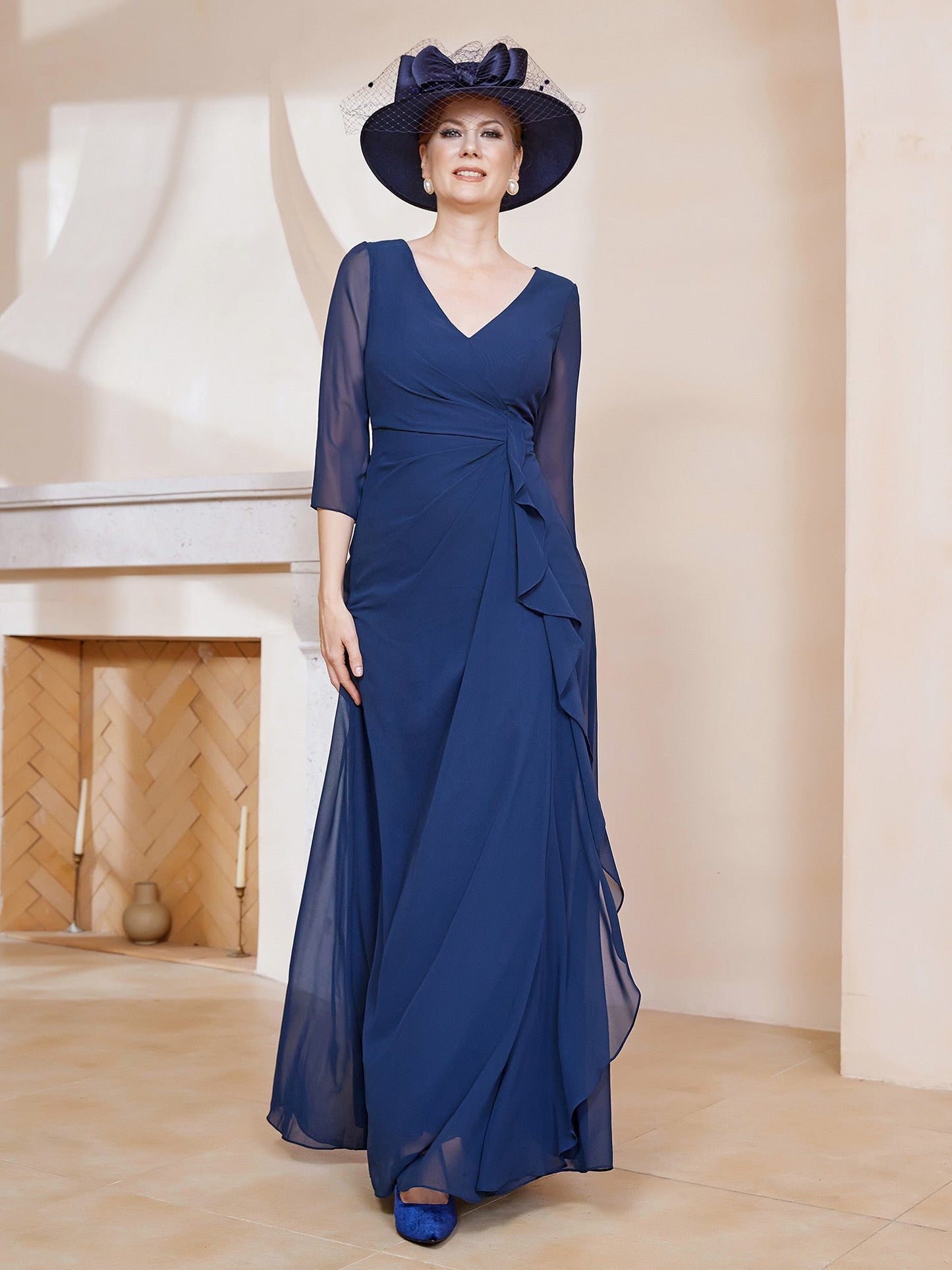 3/4-Length Sleeves V-neck Pleated Long Dress Dark Navy