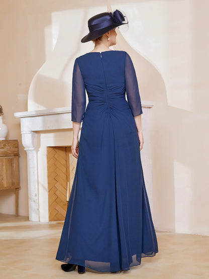 3/4-Length Sleeves V-neck Pleated Long Dress Dark Navy