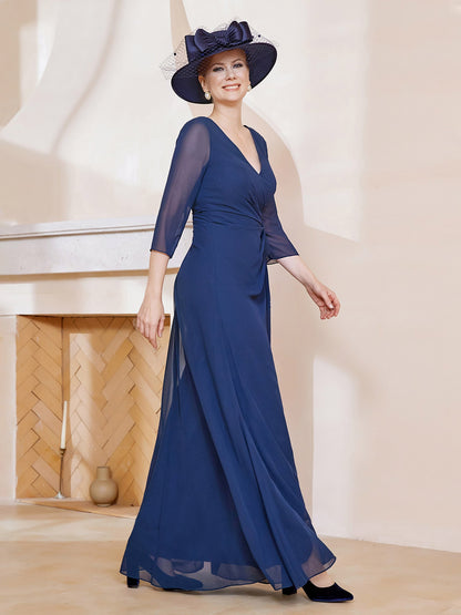 3/4-Length Sleeves V-neck Pleated Long Dress Dark Navy
