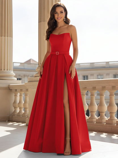 Strapless Structured Satin Ball Gown with Belt Detail Red