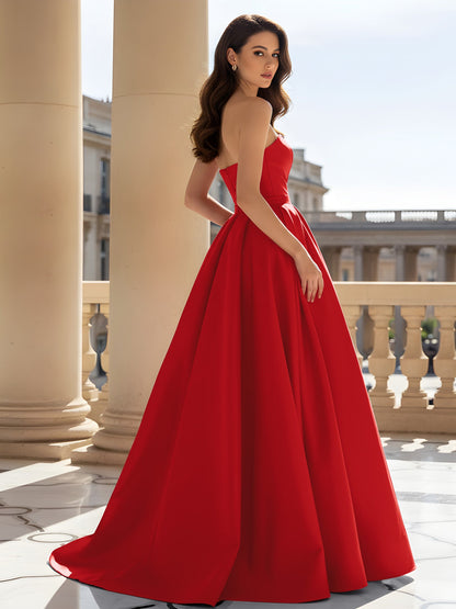 Strapless Structured Satin Ball Gown with Belt Detail Red