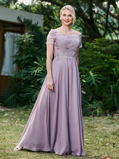 Flower Appliqued Chiffon Dress with Pleated Tahiti