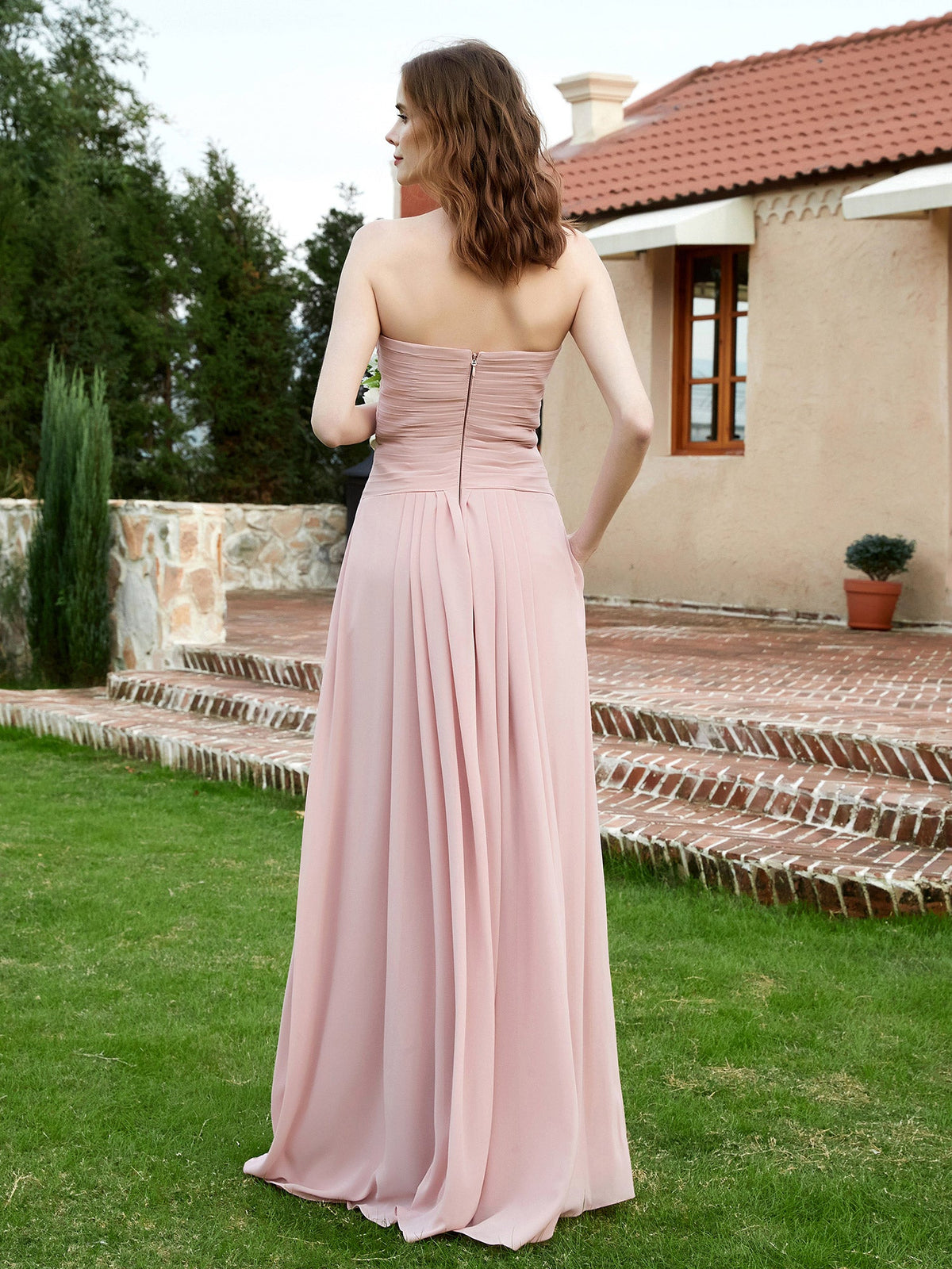 Strapless Sweetheart Neck Chiffon Bridesmaid Gown-Dusty Rose