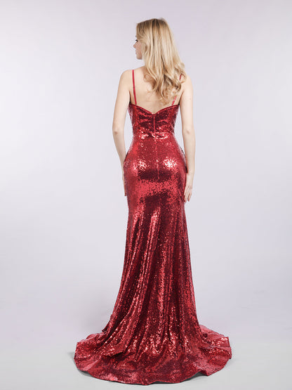 Spaghetti Strap Sequins Mermaid Dress-Burgundy