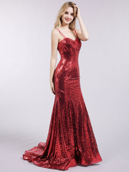 Spaghetti Strap Sequins Mermaid Dress-Burgundy