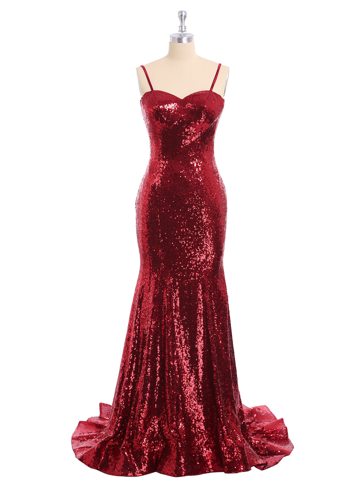 Spaghetti Strap Sequins Mermaid Dress-Burgundy