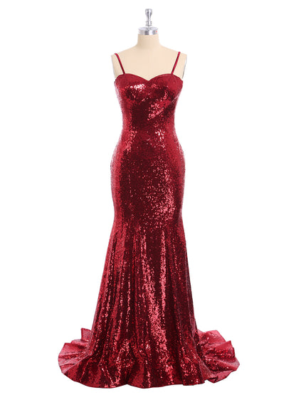 Spaghetti Strap Sequins Mermaid Dress-Burgundy