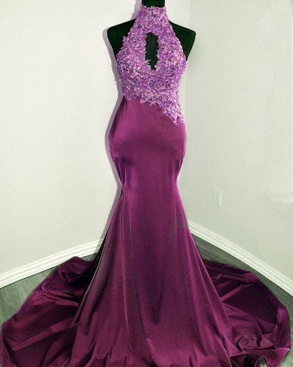Magenta Mermaid Lace Applique Halter Prom Dresses
