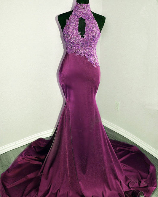 Magenta Mermaid Lace Applique Halter Prom Dresses